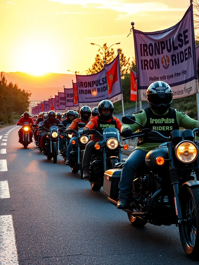 A dynamic shot of IronPulse Riders participating in a charity ride, with motorcycles adorned with banners and riders wearing branded gear.