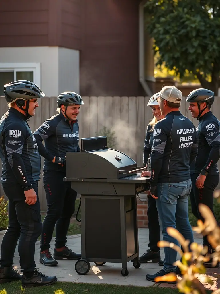 A vibrant image of IronPulse Riders members socializing at a post-ride barbecue, showcasing the camaraderie and community spirit of the group.