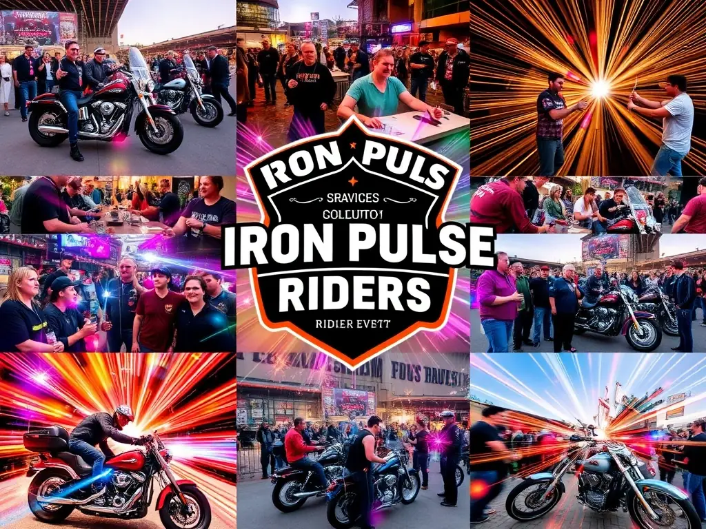 A collage of images showcasing various IronPulse Riders events, including group rides, social gatherings, and charity events. The images are vibrant and dynamic, capturing the energy and excitement of the group's activities.
