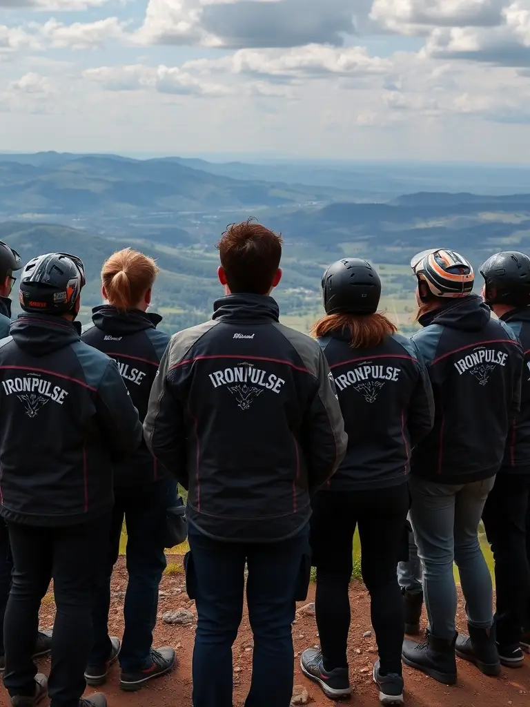 A group of IronPulse Riders members gathered at a scenic overlook during a weekend trip, capturing the adventure and exploration aspect of the group.