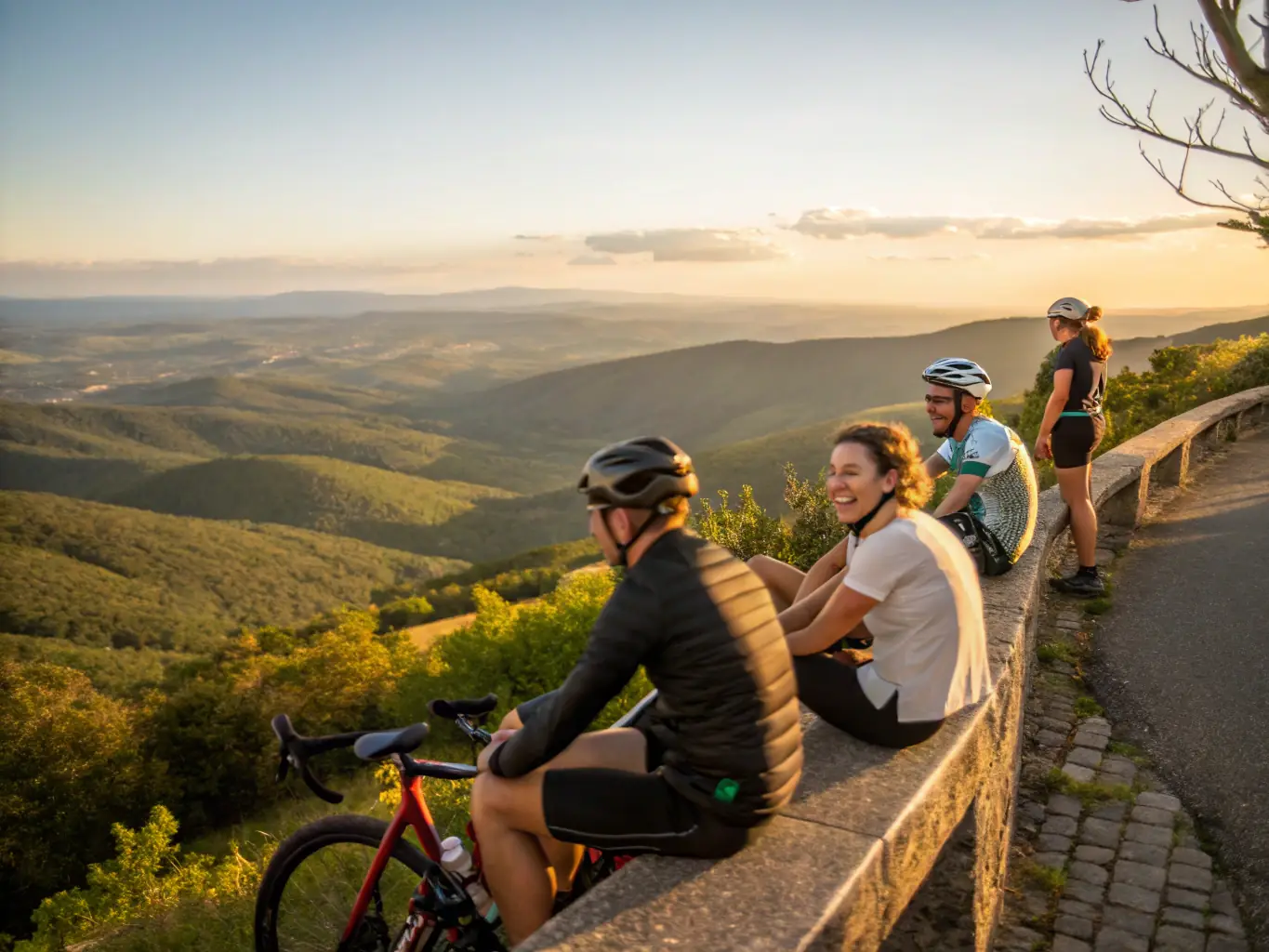 A group of IronPulse Riders are gathered at a scenic overlook, their motorcycles parked in a neat row, with a breathtaking mountain range in the background. The sun is setting, casting a warm glow over the scene, symbolizing the camaraderie and shared experiences of the group.
