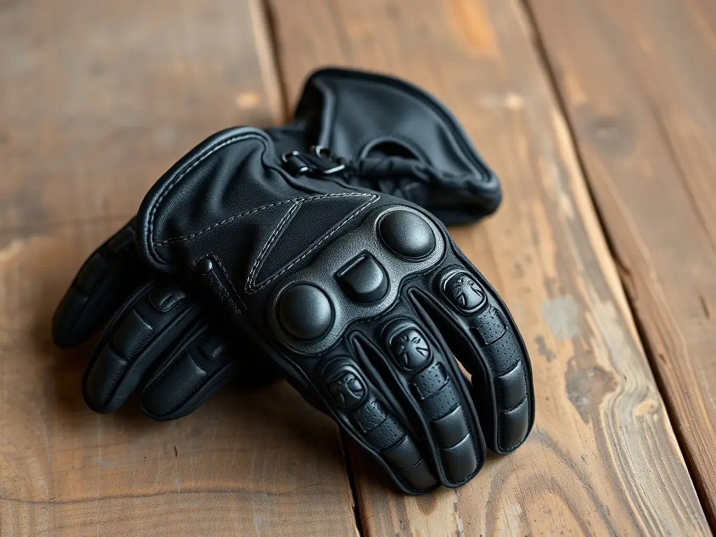 A pair of high-quality motorcycle gloves, emphasizing their grip, protection, and comfort features. The gloves are shown on a rider's hands, demonstrating their fit and functionality.