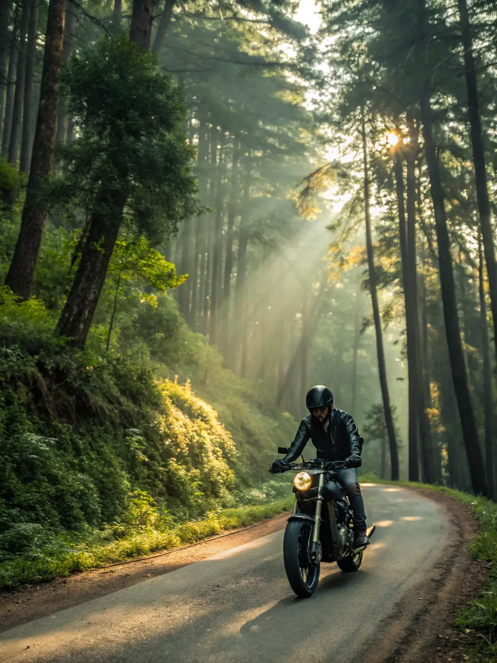A motorcyclist riding through a lush green forest on a sunny day, with dappled sunlight filtering through the trees.