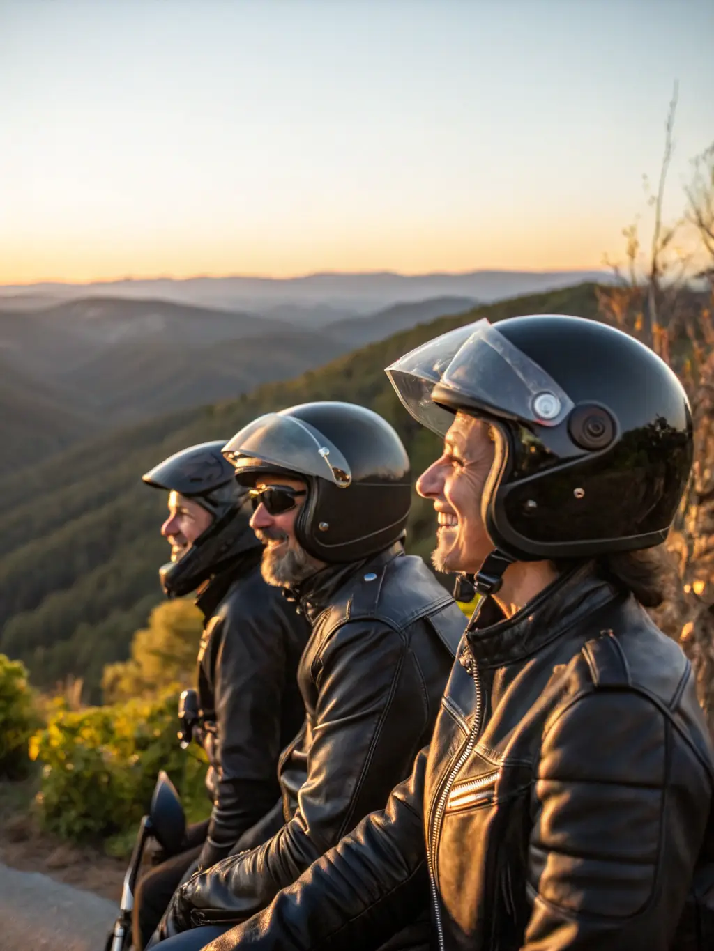 A group of motorcyclists riding through a winding mountain road at sunset, with the lead rider raising a hand in greeting.