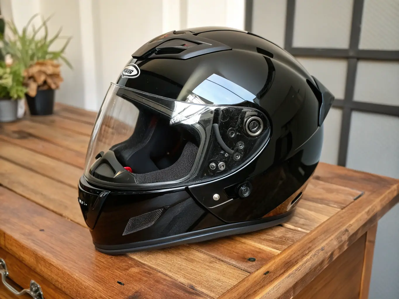 A high-quality motorcycle helmet with a clear visor, showcasing its aerodynamic design and safety features. The helmet is placed on a clean surface with a blurred background to emphasize its importance.
